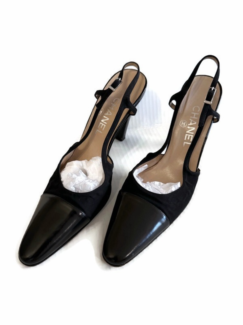 CHANEL Black Satin and Patent Leather Slingback Pumps